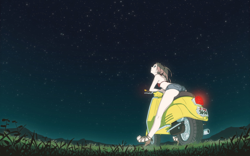 ahoge ass back bent_over bikini_top blue_eyes blue_jean_shorts denim denim_shorts feet flcl from_behind grass green_eyes haruhara_haruko high_heels highres kneepits legs long_hair looking_up motor_vehicle mountain night night_sky nikerabi open_mouth outdoors pink_hair ponytail sandals scooter shoes short_shorts shorts sky solo star star_(sky) starry_sky vehicle vespa wallpaper widescreen
