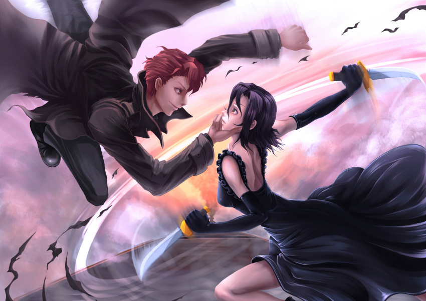 1girl baccano! battle chane_laforet claire_stanfield couple dress dual_wielding elbow_gloves gloves highres knife minusion motion_blur