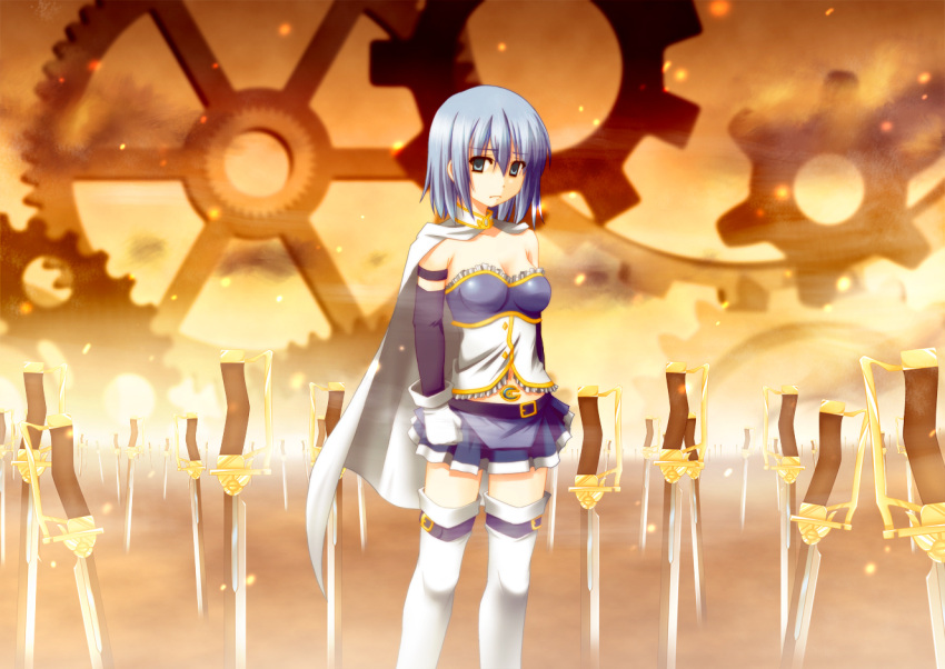 blue_eyes blue_hair cape fate/stay_night fate_(series) gears gloves magical_girl mahou_shoujo_madoka_magica miki_sayaka nanase_yuuji parody short_hair solo sword thighhighs unlimited_blade_works weapon white_gloves