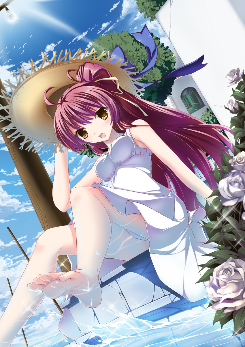 absurdres ahoge barefoot blush character_request cloud clouds dress feet flower from_below hat highres kaho kaho_okashii legs long_hair open_mouth original purple_hair rose sitting sky soles solo splash splashing straw_hat sundress toes water white_rose