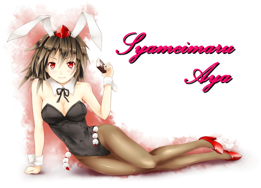 animal_ears bare_shoulders brown_hair bunny_ears bunnysuit chaigidhiell character_name face hat high_heels lying pantyhose red_eyes shameimaru_aya shoes solo tokin_hat touhou wrist_cuffs