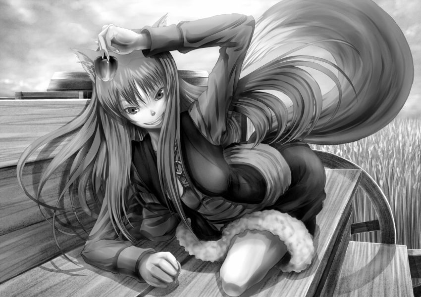 apple food fruit holo horo long_hair minusion monochrome spice_and_wolf tail wheat wolf_ears