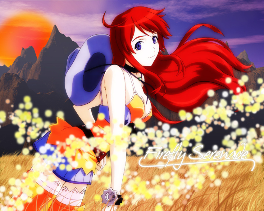 bakuretsu_tenshi blue_eyes clouds hat jpeg_artifacts long_hair meg red_hair redhead scenic sky