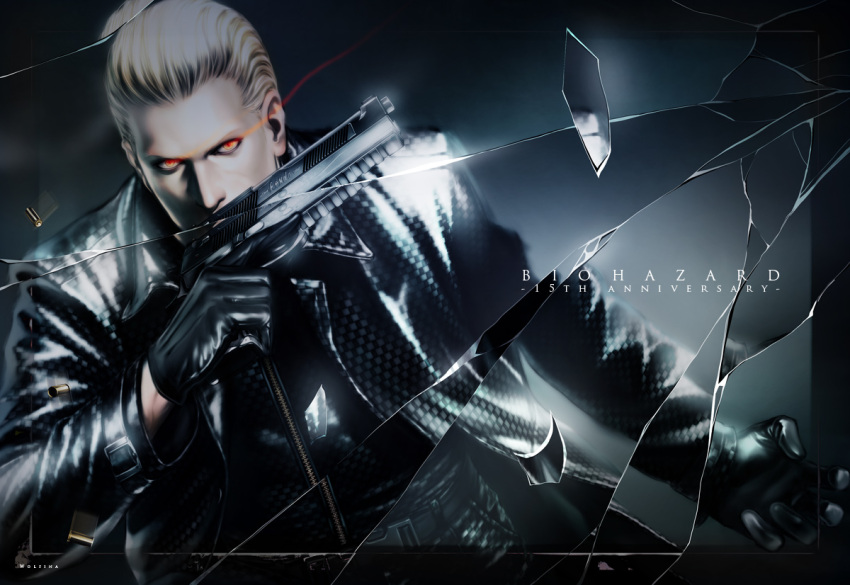 albert_wesker belt black_gloves blonde_hair broken_glass capcom glass gloves glowing glowing_eyes gun male pistol red_eyes resident_evil shell_casing solo weapon wolfina zipper