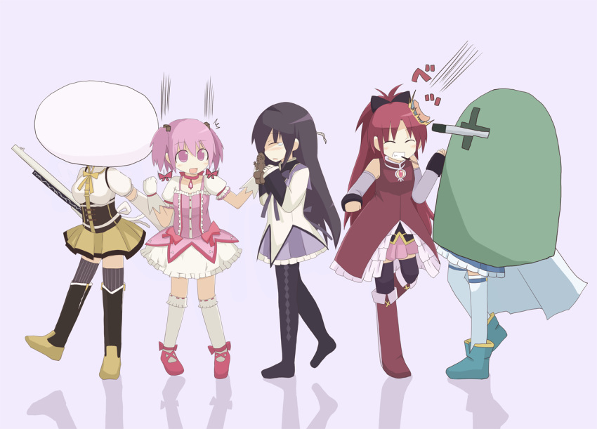 akemi_homura black_hair boots highres himegi kaname_madoka magical_girl mahou_shoujo_madoka_magica mami_mogu_mogu miki_sayaka multiple_girls nichijou pantyhose pink_eyes pink_hair pocky ponytail red_hair redhead sakura_kyouko shoes spoilers tears thigh-highs thighhighs tomoe_mami zettai_ryouiki