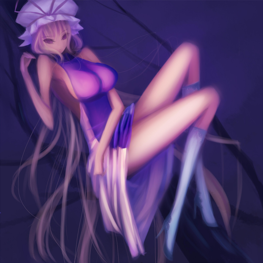 armpits artist_request bad_anatomy blonde_hair boots breasts faux_traditional_media hat high_heels highres jiongjun knee_boots large_breasts legs long_hair long_legs purple_eyes shoes sideboob solo source_request speed_painting thighs touhou very_long_hair yakumo_yukari