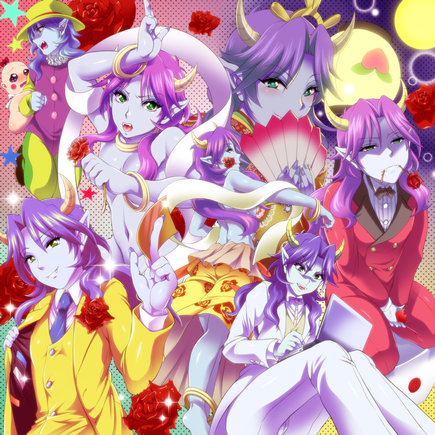 1boy androgynous blue_skin bowtie buttons computer demon_boy fan fangs flower formal green_eyes hair_ornament hat highres horns japanese_clothes laptop long_hair momotarou_densetsu mouth_hold multiple_persona necktie object_in_mouth pointy_ears purple_hair red_rose rose shin_momotarou_densetsu smile suit tenparing tokimachi_eisei trap tuxedo