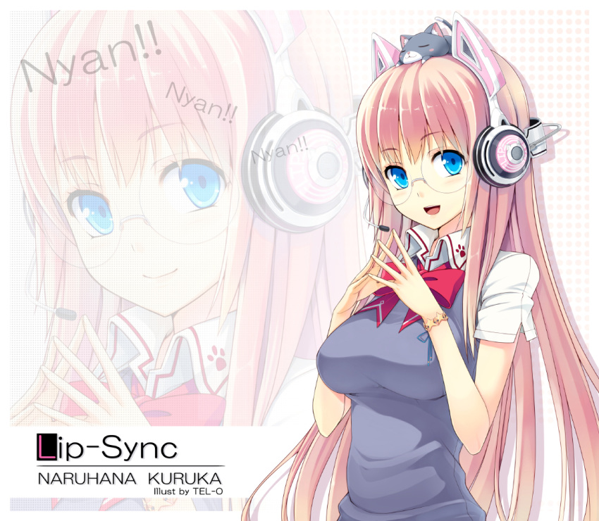 1girl animal_ears blue_eyes blush bow bracelet breasts cat fake_animal_ears glasses hand_to_chest hands_on_own_chest headphones headset jewelry long_hair looking_at_viewer open_mouth original pink_hair smile solo tel-o teruo vest zoom_layer