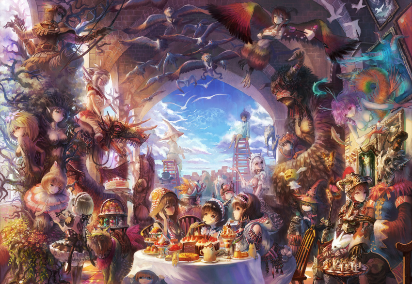 adder bow_(weapon) breasts cake chessboard cloud clouds crowd dragon dress dryad fairy fantasy feast feathers feeding food fruit gothic_lolita hat highres ladder large_breasts lolita_fashion mask monster_girl mushroom original pastry plant_girl sakai_yoshikuni sideboob sitting sky strawberry surreal table tiered_tray tree weapon witch_hat
