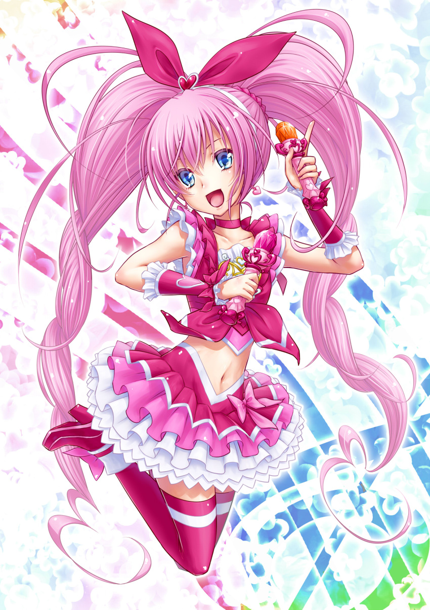 :d bad_id blue_eyes boots choker collarbone cure_melody highres houjou_hibiki long_hair magical_girl midriff miracle_belltier navel open_mouth pink_hair precure smile solo suite_precure thigh-highs thighhighs twintails yuu_(derodero)