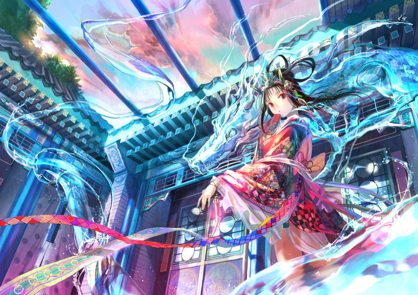 1girl black_hair chinese_architecture chinese_clothes dragon east_asian_architecture eastern_dragon from_below fuji_choko hair_ornament hanfu highres long_hair looking_back original outstretched_arm red_eyes sky solo tree water