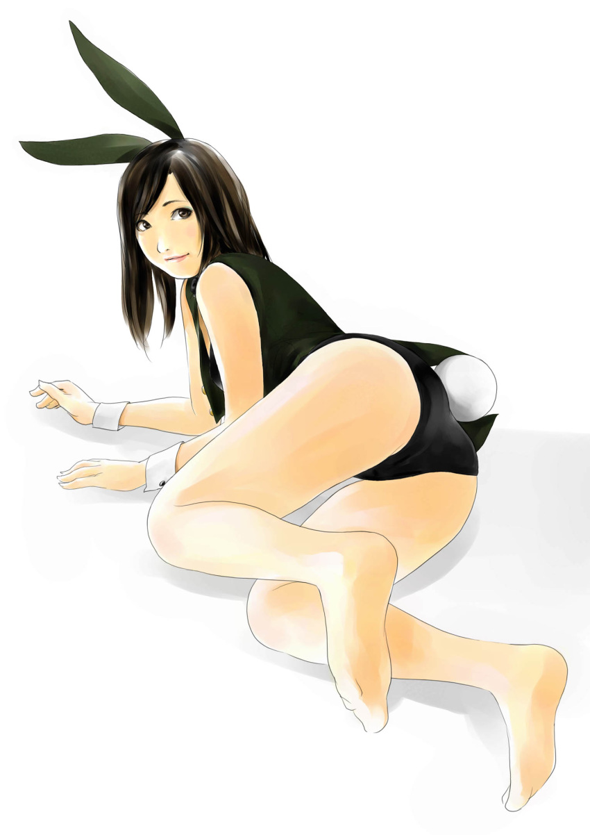 absurdres ass barefoot black_eyes black_hair bunny_ears bunny_tail bunnysuit copyright_request feet highres leotard lips looking_back lying pantyhose realistic sheer_legwear simple_background solo tail toshinobu40 vest
