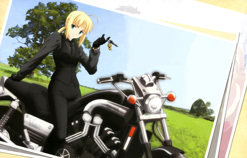 1girl ahoge blonde_hair detexted fate/stay_night fate/zero fate_(series) female formal green_eyes highres key motor_vehicle motorcycle nagamori_masato necktie pant_suit photoshop saber saber_lion solo suit vehicle yamaha