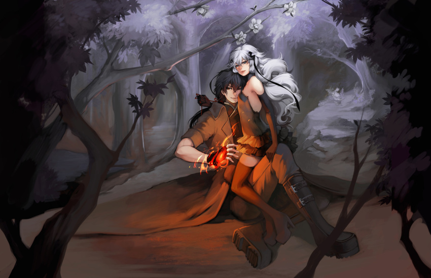 1girl ascot bare_shoulders black_hair blue_eyes boots caim_vel_lemorte camille_myriad_zentreza coat couple dress elbow_gloves fire flame forest gloves hair_ribbon highres long_hair na_young_lee nature original ribbon solo strapless_dress thigh-highs thigh_boots thighhighs white_hair zettai_ryouiki