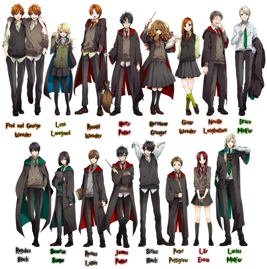 6+boys belt black_hair black_legwear blonde_hair blue_eyes blush book broom brother brown_eyes brown_hair buttons candy cape crossed_arms draco_malfoy earrings everyone fred_weasley full_body george_weasley ginny_weasley glasses green_eyes green_legwear hair_ribbon hands_in_pockets harry_james_potter harry_potter hermione_granger highres james_potter jewelry lily_evans loafers long_hair lucius_malfoy luna_lovegood mary_janes multiple_boys multiple_girls nakagawa_besu necklace necktie neville_longbottom open_mouth orange_hair pants pantyhose peter_pettigrew pleated_skirt ponytail red_eyes red_hair redhead regulus_arcturus_black regulus_black remus_john_lupin ribbon robe ron_weasley scar school_uniform severus_snape shoes short_hair siblings sirius_black sister skirt smile smirk standing student sweatdrop sweater sweater_vest twins wand young