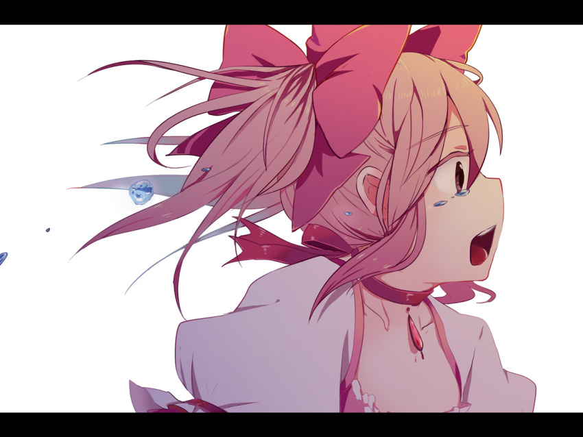 bow face kaname_madoka letterboxed magical_girl mahou_shoujo_madoka_magica open_mouth pink_hair profile puffy_sleeves shigushiro short_hair simple_background teardrop tears twintails white