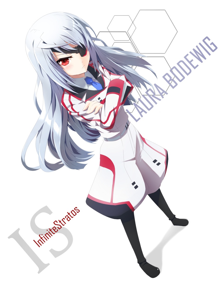 absurdres blue_hair blush boots crossed_arms dutch_angle eyepatch from_above frown grune highres infinite_stratos laura_bodewig long_hair red_eyes solo uniform