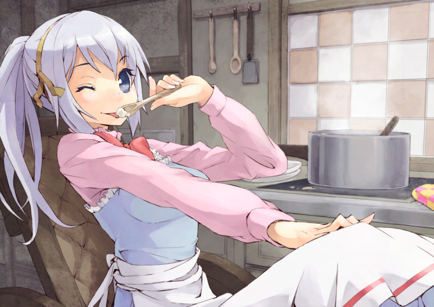 bad_id blue_eyes cooking kitchen licking long_hair maeda_risou outstretched_arm ponytail pot risoumaeda solo spoon sylvette_suede tegami_bachi tongue wheelchair white_hair wink