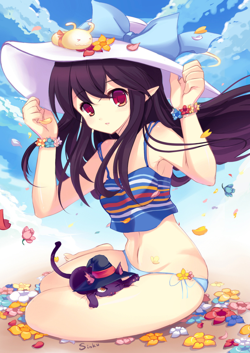 armpits bare_legs bare_shoulders barefoot black_hair blue_panties blue_sky cat copyright_request flower hands_on_hat hat highres holding holding_hat long_hair looking_at_viewer navel no_pants panties pink_eyes pointy_ears side-tie_panties signature sitting sky solo swimsuit tank_top tankini underwear underwear_only wind witch_hat yadamon_(neverland) yokozuwari