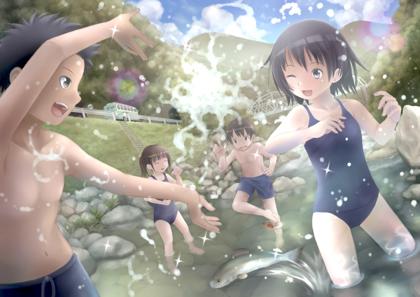 2boys 2girls :d black_eyes black_hair brown_eyes brown_hair fish highres multiple_boys multiple_girls open_mouth original school_swimsuit short_hair shorts smile splash splashing swim_trunks swimsuit taka_(tsmix) twintails wading water wink