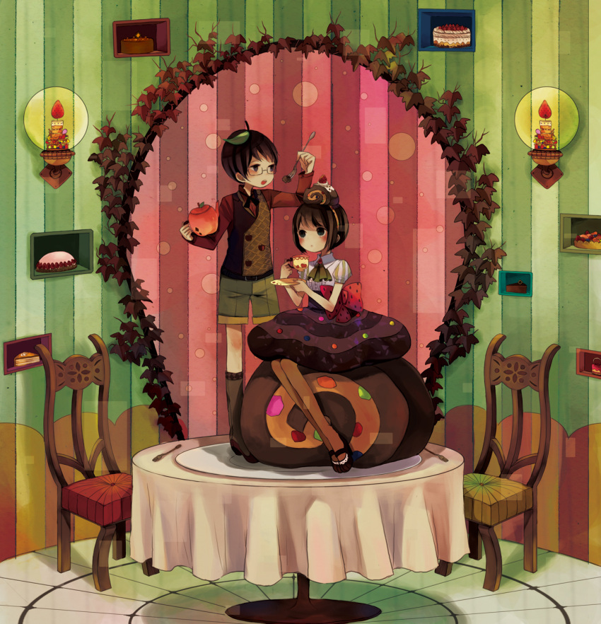 belt black_hair blush boots bow brown_hair brown_legwear cake chair cup dress eating food food_themed_clothes fork frame fruit glasses highres leaf object_on_head open_mouth original pantyhose plate saucer short_hair shorts sitting standing strawberry striped table teacup yumi_(tuzisaka)
