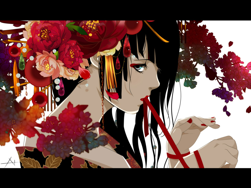 1girl black_hair flower hair_flower hair_ornament japanese_clothes kimono long_hair nanasie original plum_blossoms ribbon solo