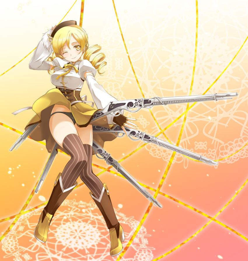 beret black_panties blonde_hair boots corset detached_sleeves drill_hair fingerless_gloves gloves gun hat highres magical_girl mahou_shoujo_madoka_magica mytyl panties pantyshot rifle skirt skirt_lift smile solo thigh-highs thighhighs tomoe_mami twin_drills underwear weapon wink yellow_eyes