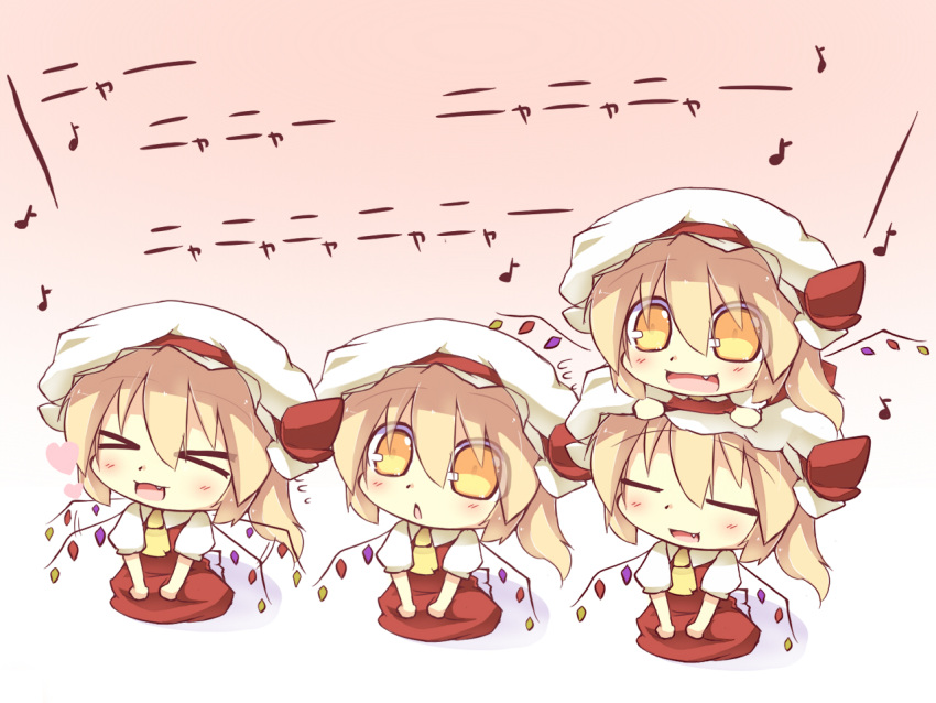 &gt;_&lt; :&lt; :3 =_= alternate_eye_color benauxi blonde_hair chibi chibi_on_head clone closed_eyes fang flandre_scarlet flapping four_of_a_kind_(touhou) hat hazuki_ruu multiple_girls multiple_persona open_mouth orange_eyes short_hair side_ponytail simple_background smile solo the_embodiment_of_scarlet_devil touhou translated wings x3 yellow_eyes