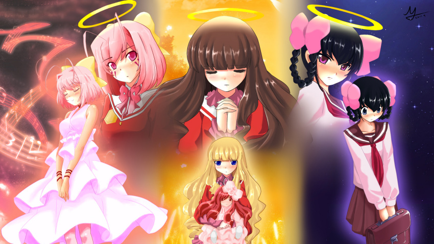 antenna_hair apollo_(kaminomi) ayukawa_tenri black_hair blonde_hair bow braid brown_hair closed_eyes diana_(kaminomi) doll dress dual_persona facial_mark goddess hair_bow hair_ornament halo highres icyflamestar kami_nomi_zo_shiru_sekai kujou_tsukiyo long_hair luna_(kaminomi) multiple_girls nakagawa_kanon pink_eyes pink_hair school_uniform siblings sisters skirt spoilers vulcan_(kaminomi)