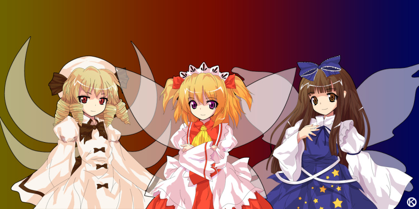 alphes_(style) blonde_hair bow brown_hair dress fairy fairy_wars hair_bow hat headdress hime_cut kaoru_(gensou_yuugen-an) luna_child multiple_girls parody ribbon short_hair short_twintails simple_background smile star star_sapphire style_parody sunny_milk touhou twintails wings