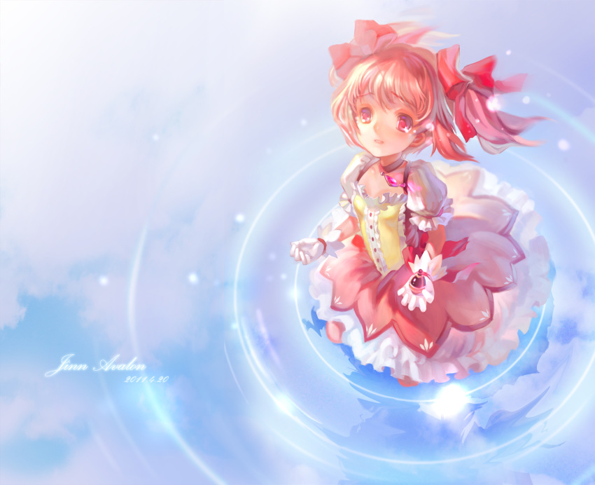 2011 artist_name bow bubble_skirt dated dress gloves hair_bow highres jewelry jinn_avalon kaname_madoka magical_girl mahou_shoujo_madoka_magica necklace pink_dress pink_eyes pink_hair solo soul_gem twintails white_gloves