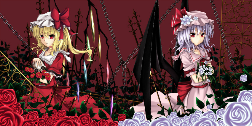bat_wings blonde_hair blue_hair blue_rose bouquet chain chains dress fang flandre_scarlet flower hat highres multiple_girls pink_dress red_dress red_eyes red_rose remilia_scarlet rose siblings side_ponytail sisters touhou white_rose wings zzz36951