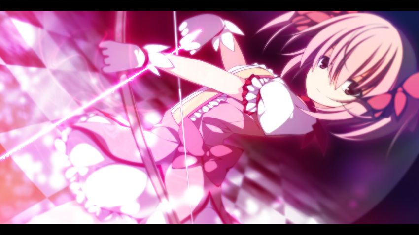bubble_skirt checkered checkered_floor dutch_angle gloves highres kaname_madoka letterboxed magical_girl mahou_shoujo_madoka_magica pink_eyes pink_hair sakurame short_twintails twintails wallpaper weapon