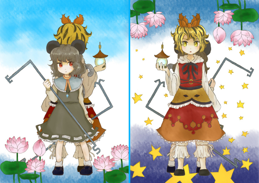 animal_ears back-to-back bad_id black_hair blonde_hair blush dowsing_rod dress flower grey_hair hair_ornament jeweled_pagoda jewelry lantern mouse mouse_ears mouse_tail multicolored_hair multiple_girls nazrin pendant red_eyes short_hair star tail tiger_print toramaru_shou touhou two-tone_hair yellow_eyes