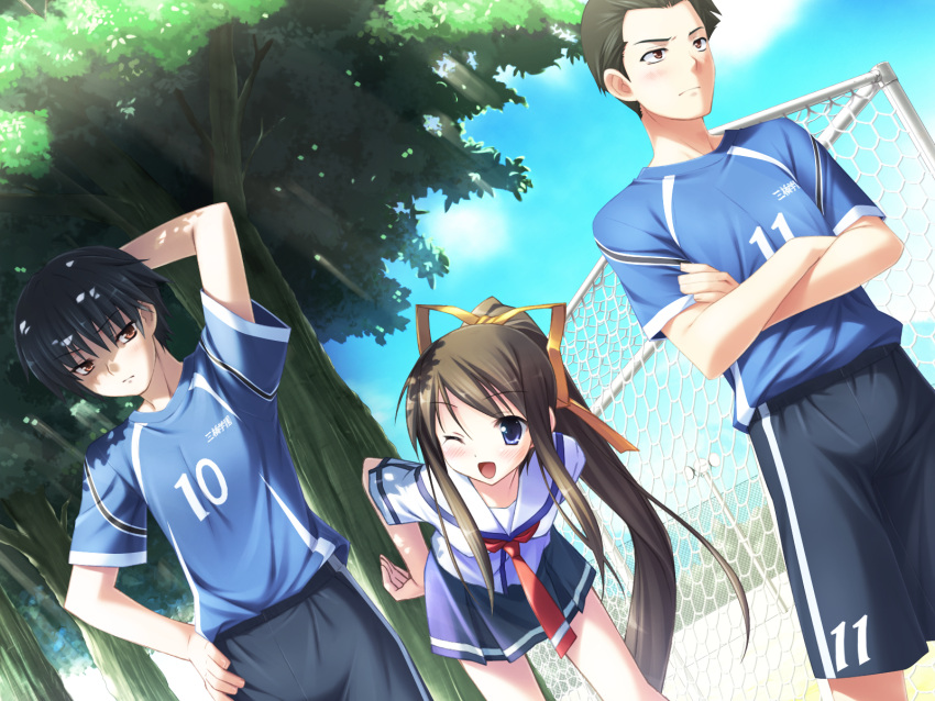 blue_eyes brown_hair game_cg kantoku miyazawa_midori natsu_no_ame ponytail seifuku tree