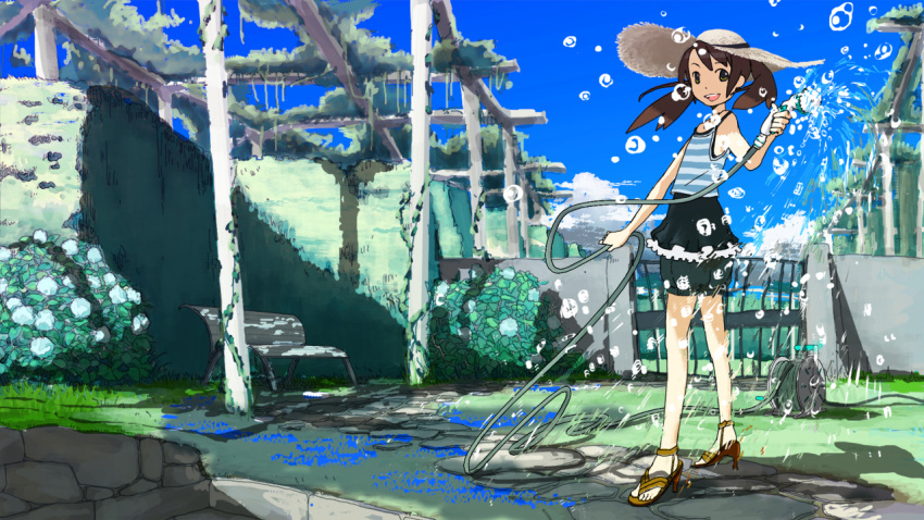 1girl blouse brown_hair hat high_heels hose original outdoors outside pigtails ruins sandals sanyama_tarou scenery solo sun_hat water water_hose yellow_eyes