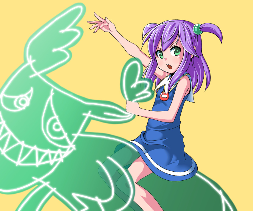 arcana_heart arcana_heart_3 dress eko_(arcana_heart) green_eyes highres kaz_(arcana_heart) open_mouth orochi_itto purple_hair riding twintails