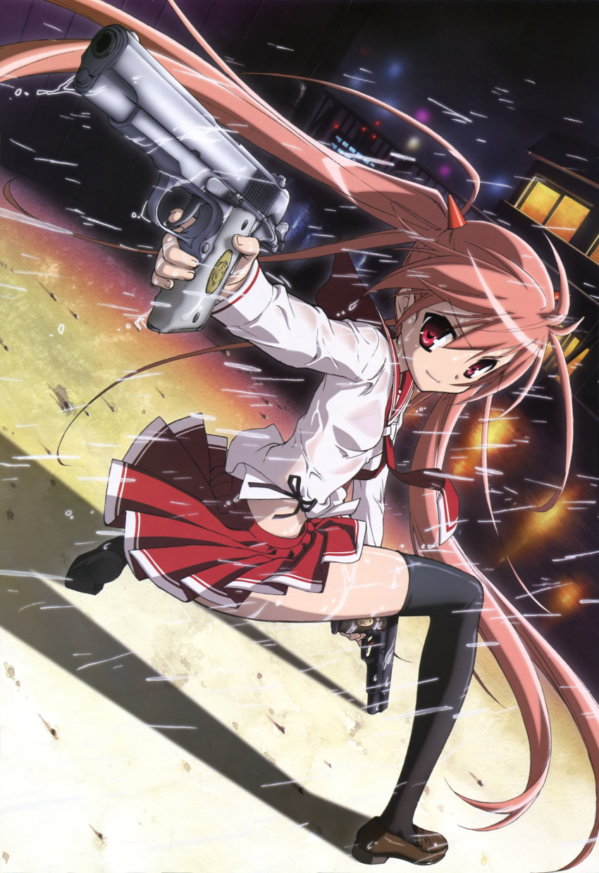 cocked_hammer dual_wielding foreshortening gun handgun hidan_no_aria highres kanzaki_h_aria long_hair long_sleeves looking_back m1911 night pink_hair pistol red_eyes school_uniform serafuku solo thigh-highs thighhighs twintails weapon wet