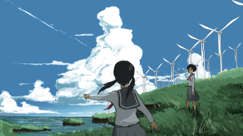 back black_hair clouds grass landscape pointing sanyama_tarou scenic seifuku skirt sky standing twintails water windmill