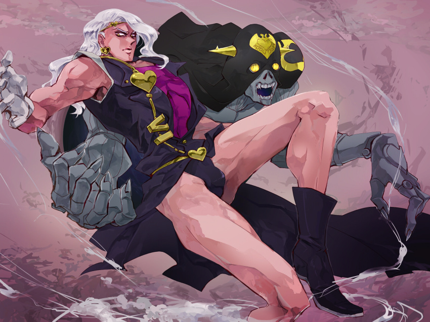 boots bulge cream_(stand) dark_skin earrings gloves headband heart highres jewelry jojo_no_kimyou_na_bouken legs long_coat long_hair male mamegohan silver_hair sleeveless smoke solo stand_(jojo) vanilla_ice yellow_eyes