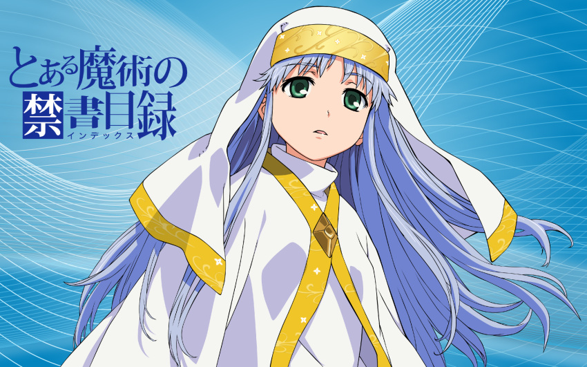 1girl blue_hair copyright_name green_eyes index long_hair nun official_art parted_lips solo standing to_aru_majutsu_no_index wallpaper