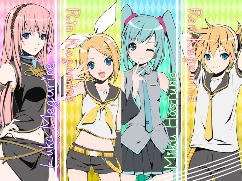 aqua_eyes aqua_hair bad_id blonde_hair blue_eyes detached_sleeves hair_ornament hair_ribbon hairclip hatsune_miku headphones kagamine_len kagamine_rin long_hair megurine_luka midriff navel necktie pink_hair ribbon short_hair skirt smile twintails vocaloid wink