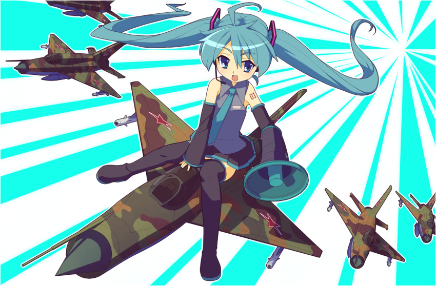 airplane bad_id camouflage hatsune_miku jet koi_wa_sensou_(vocaloid) megaphone mig-21 military soviet torosalmon twintails vocaloid