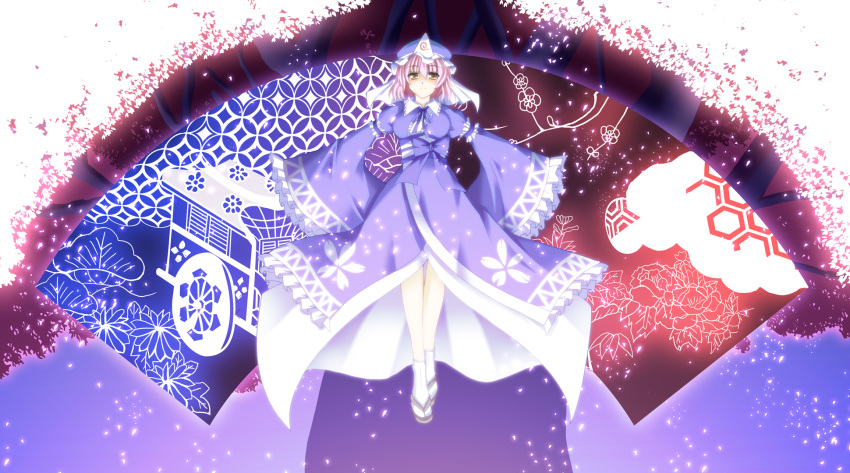 a_flow bad_id cherry_blossoms fan goshoguruma hat hexagon highres japanese_clothes kimono orange_eyes petals pink_hair saigyouji_yuyuko saigyouji_yuyuko's_fan_design sandals shippou_(pattern) short_hair solo tabi touhou