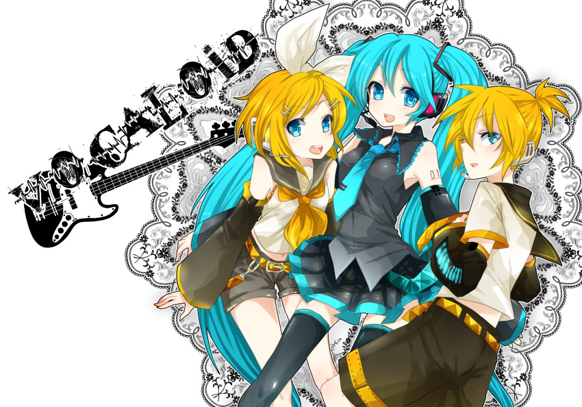 aqua_eyes aqua_hair bad_id blonde_hair detached_sleeves hair_ornament hair_ribbon hairclip hatsune_miku headphones headset highres kagamine_len kagamine_rin long_hair ltentani necktie ribbon short_hair shorts skirt smile thighhighs twintails vocaloid white zettai_ryouiki