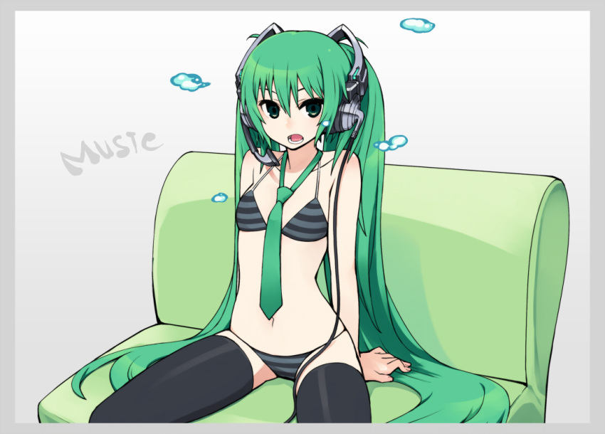 bikini chan_co hatsune_miku headphones striped striped_bikini striped_swimsuit swimsuit thighhighs vocaloid