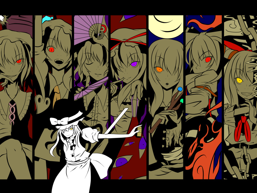 6+girls absurdres column_lineup fan flandre_scarlet fujiwara_no_mokou highres houraisan_kaguya ibuki_suika jeweled_branch_of_hourai kirisame_marisa multiple_girls red_eyes remilia_scarlet saigyouji_yuyuko sanatan touhou yakumo_yukari