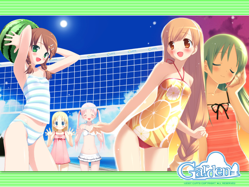 beach_volleyball bikini blush braid braids fang flat_chest food fruit garden garden_(game) gayarou himemiya_ruri holding holding_fruit hoshino_erika loli long_hair otokawa_sayo plait rindou_mana smile sports suzumura_azami swimsuit tankini volleyball watermelon