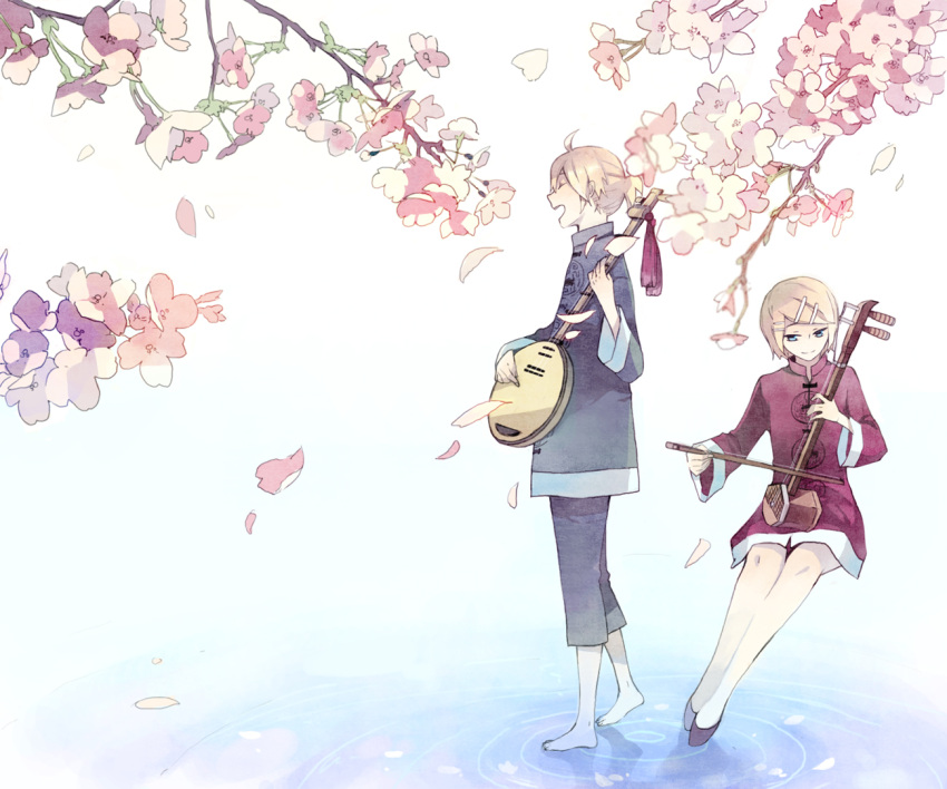 aqua_eyes bad_id blonde_hair changpao cherry_blossoms chinese_clothes closed_eyes erhu flower instrument kagamine_len kagamine_rin mig_(36th_underground) open_mouth petals short_hair siblings sitting smile tsumugi_uta_(vocaloid) twins vocaloid