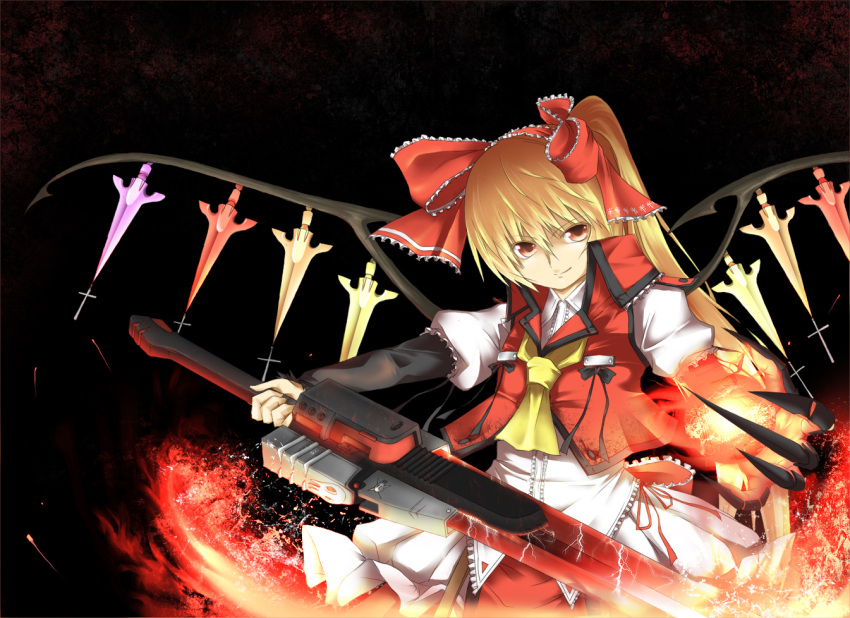 blonde_hair cosplay crossover fire flandre_scarlet guilty_gear hair_ribbon red_eyes ribbon side_ponytail sol_badguy sol_badguy_(cosplay) solo sutagu sword touhou weapon wings